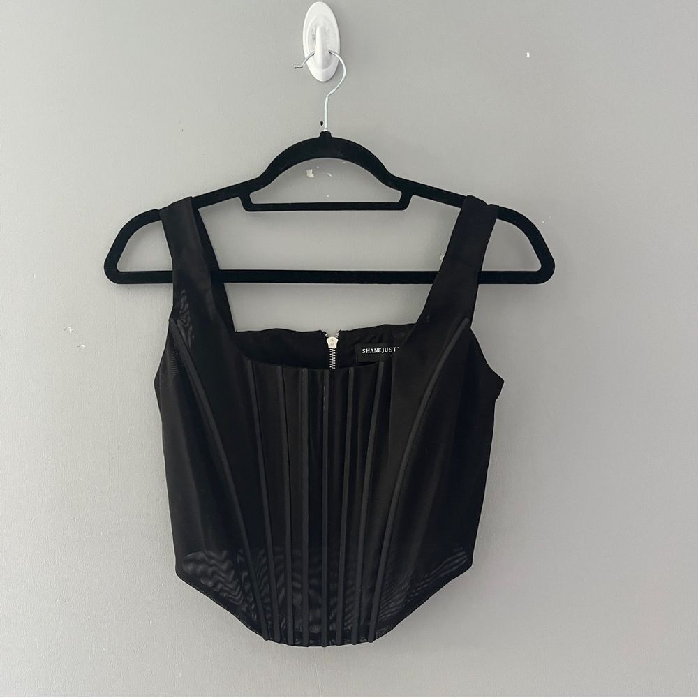 Shane Justin Black Sheer Cropped Corset Zipper Closure Boning Size Medium